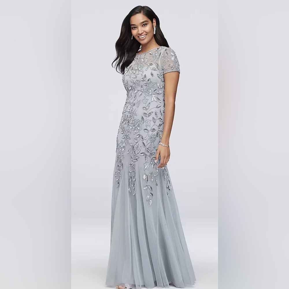 Adrianna Papell Silver Sequin Maxi Dress